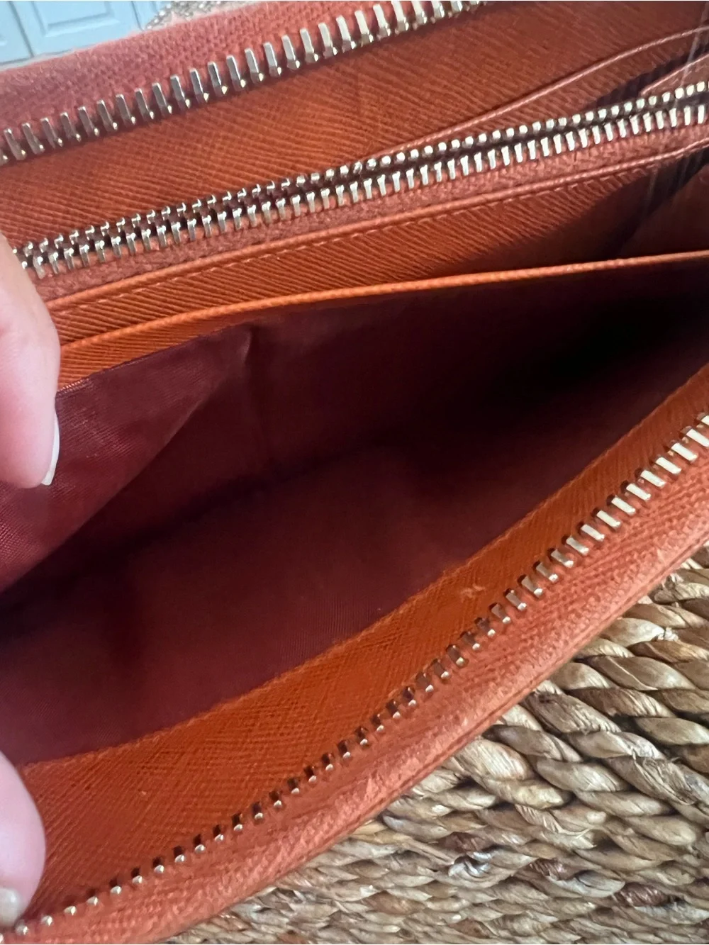 PRADA Orange Saffiano Leather Zip Around Continental Wallet